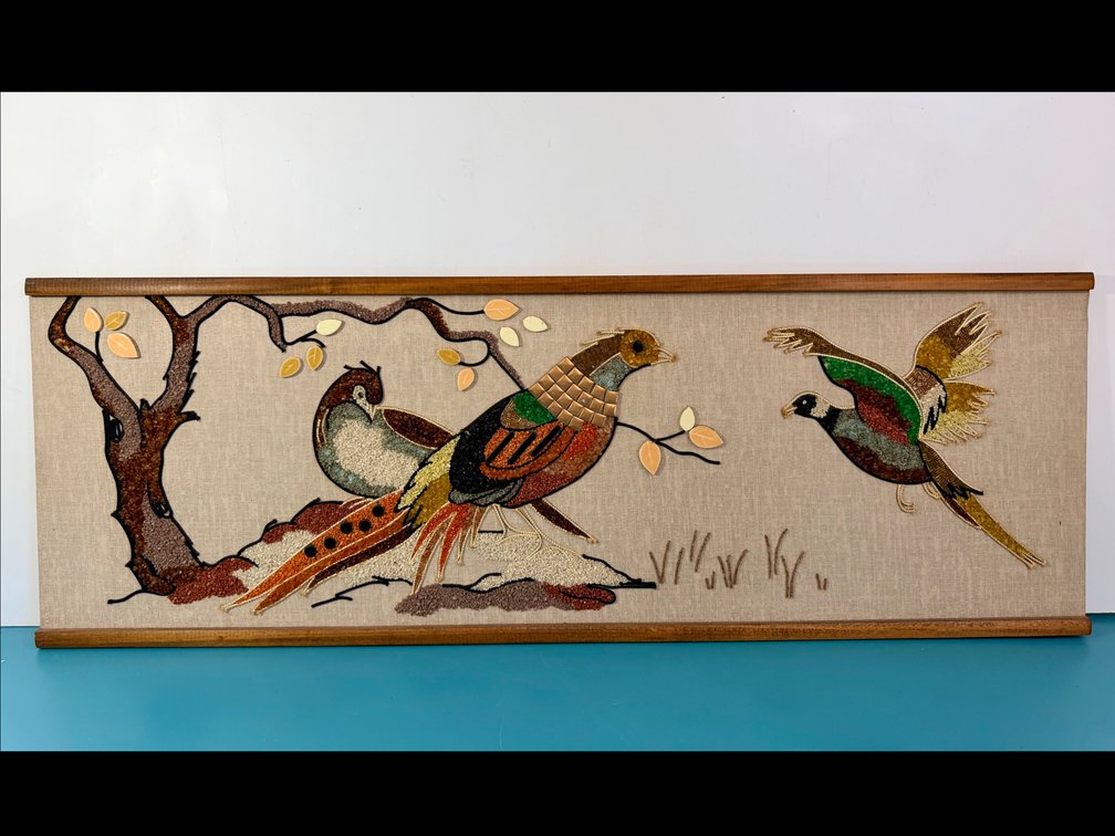 Vintage Framed Pebble Art Pheasant Scene