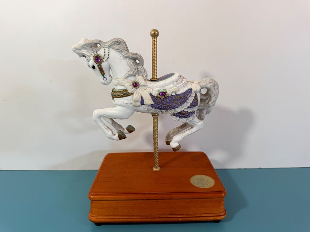 Carousel Horse Ceramic Music Box on Wooden Base