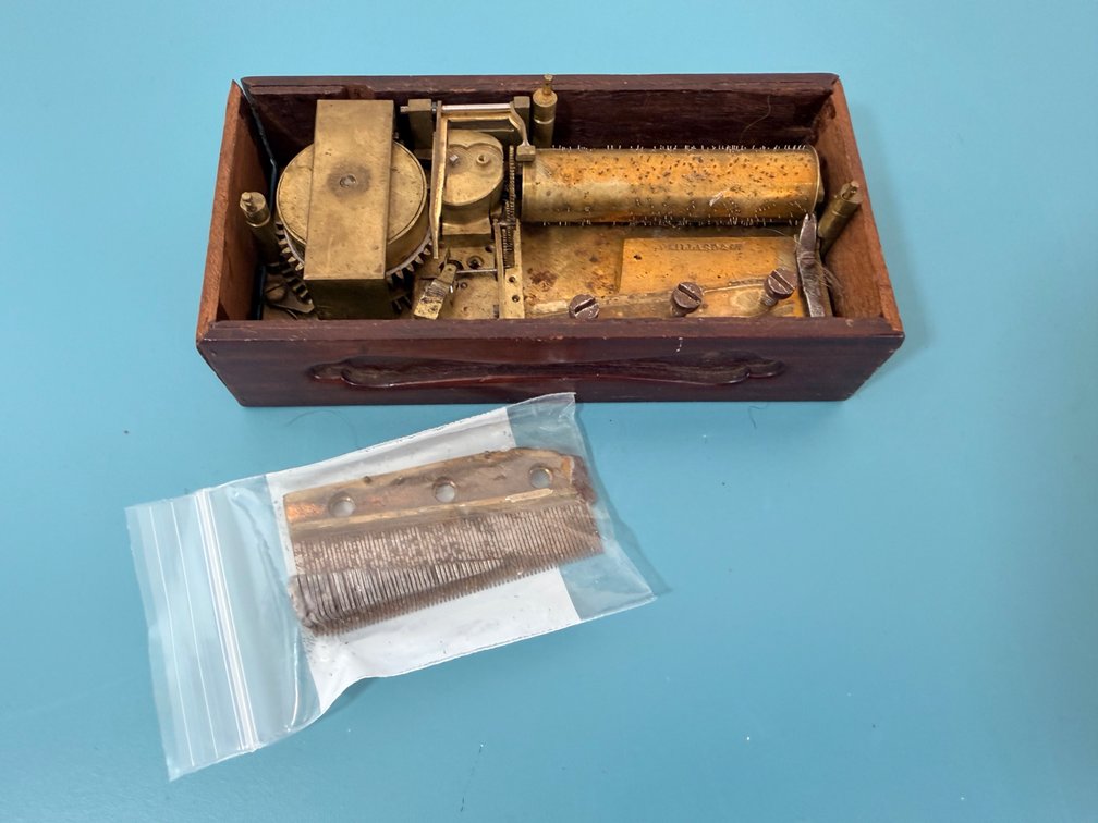 Vintage Cylinder Music Box Mechanism with Wooden Case