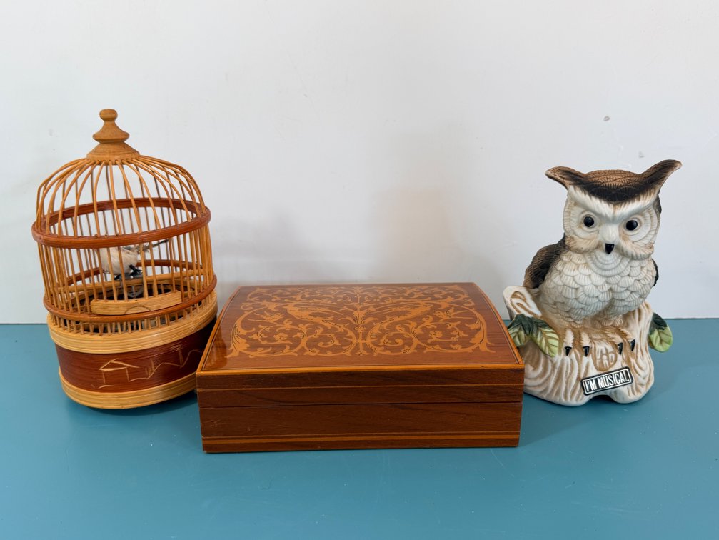 Decorative Music Box Collection: Bird Cage Automaton, Inlaid Wooden Box & Flambro Owl
