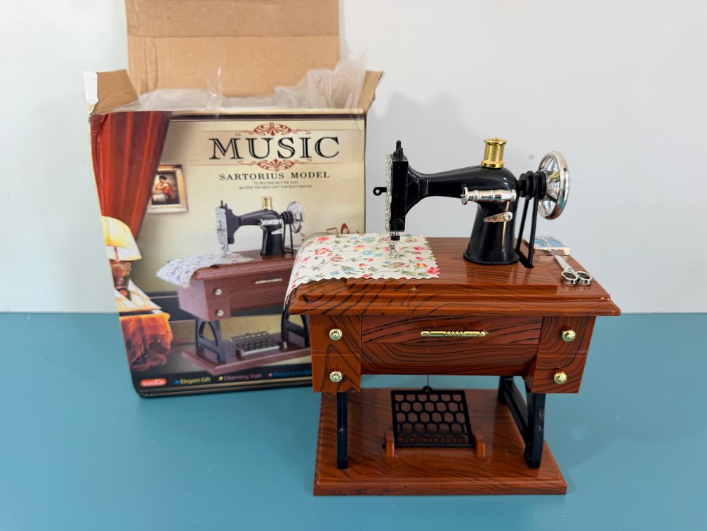 (X's 2) Sartorius Model Sewing Machine Music Box with Drawer and Accessories