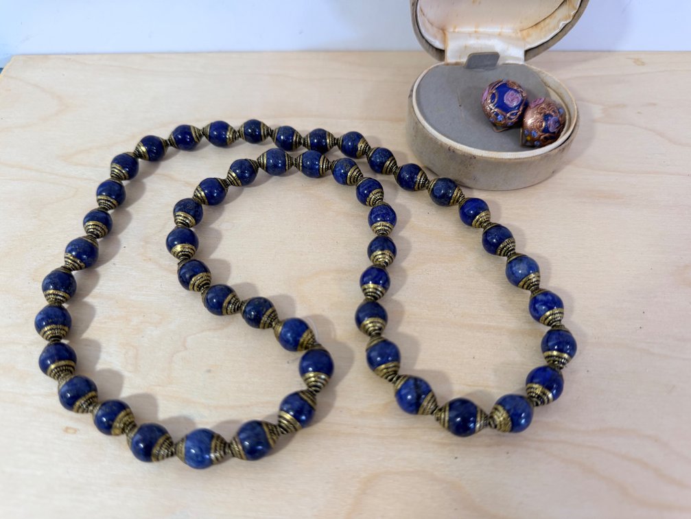 Blue Beaded Necklace with Decorative Clip-On Earrings