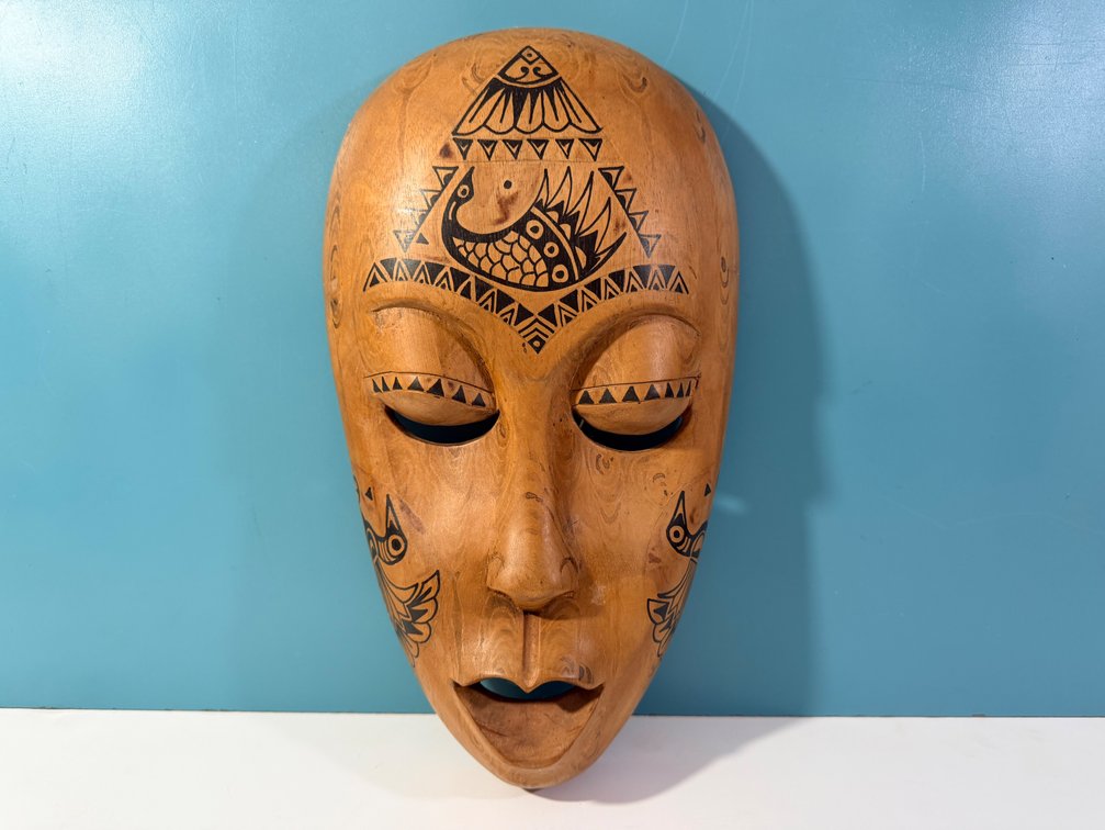 Hand-Carved Decorative Wood Wall Mask with Etched Tribal Motifs
