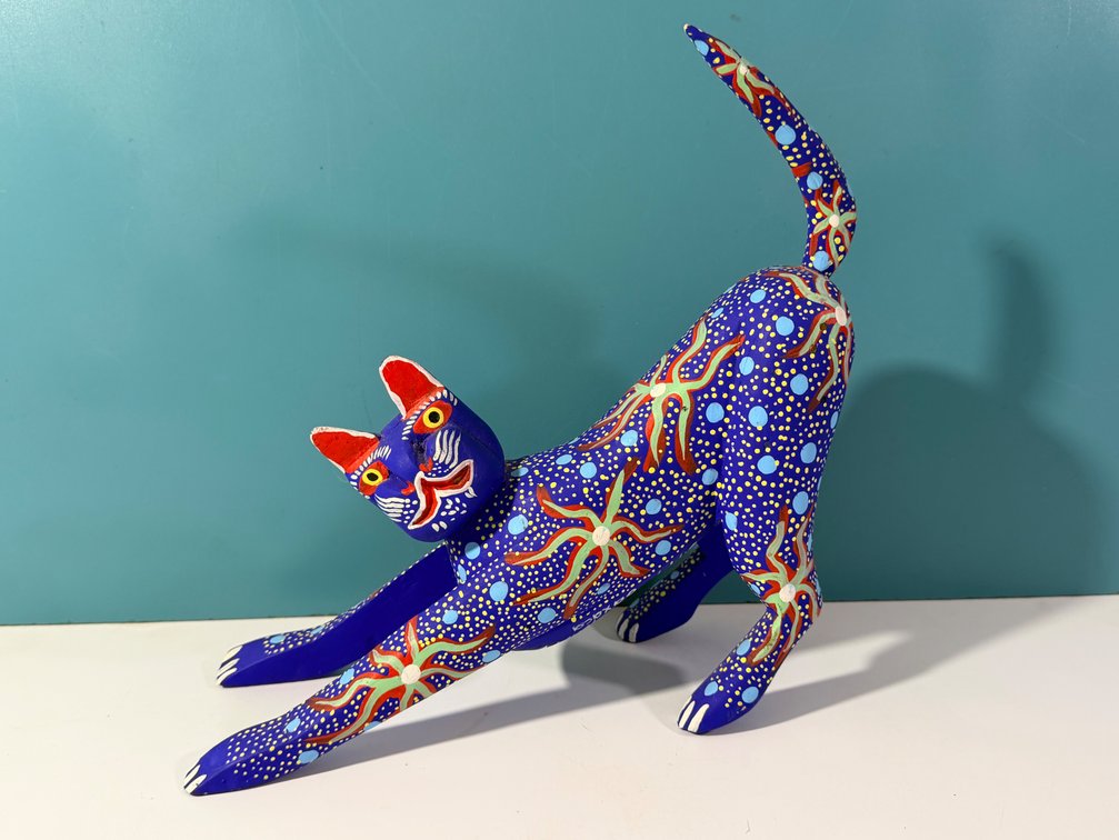 Hand Painted Folk Art Style Stretching Cat Sculpture by Artist Carlos Jarquin