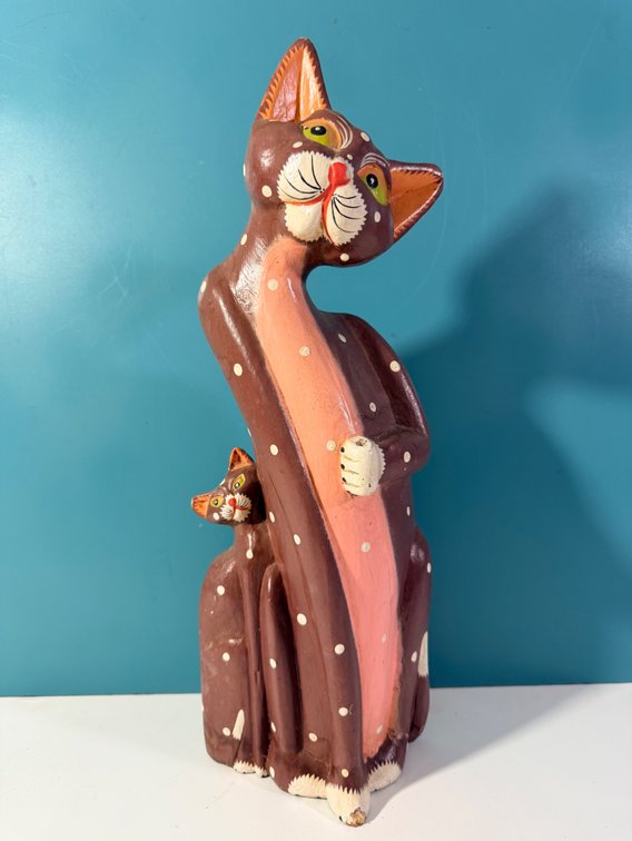 Hand Carved Wooden Folk Art Mother and Kitten Cat Sculpture