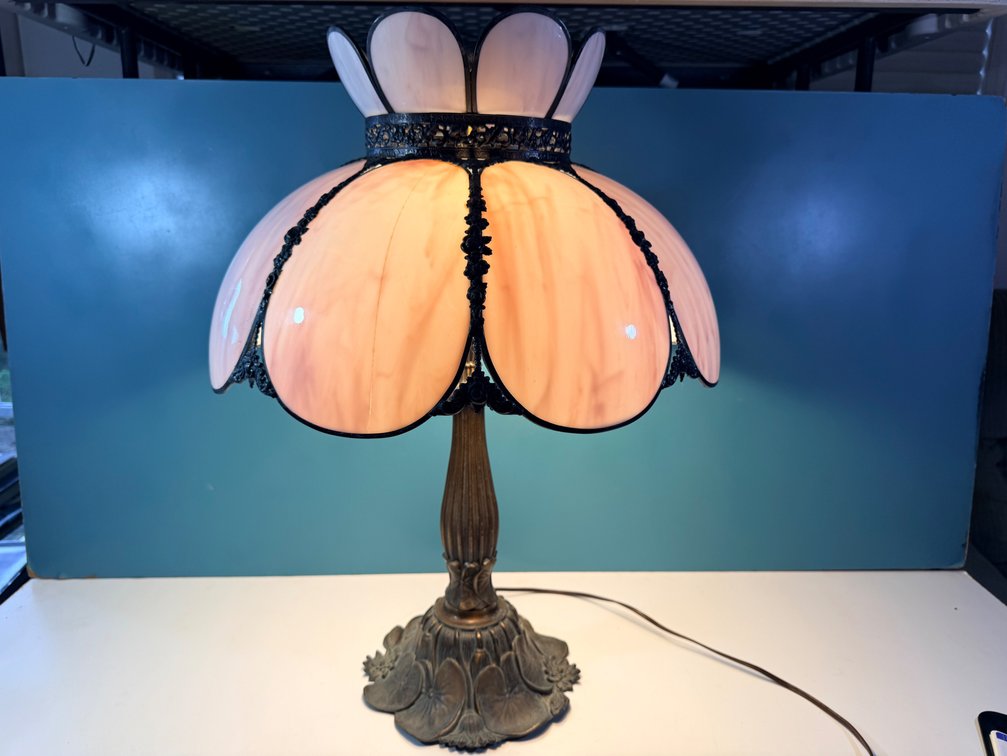 Vintage Stained Glass Table Lamp with Floral Petal Shade