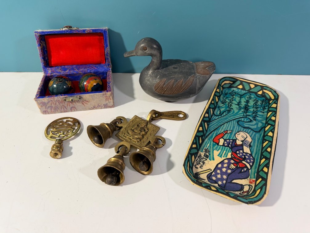 Mixed Decorative Collectibles Including Brass Bells, Duck Figure & Asian Decor