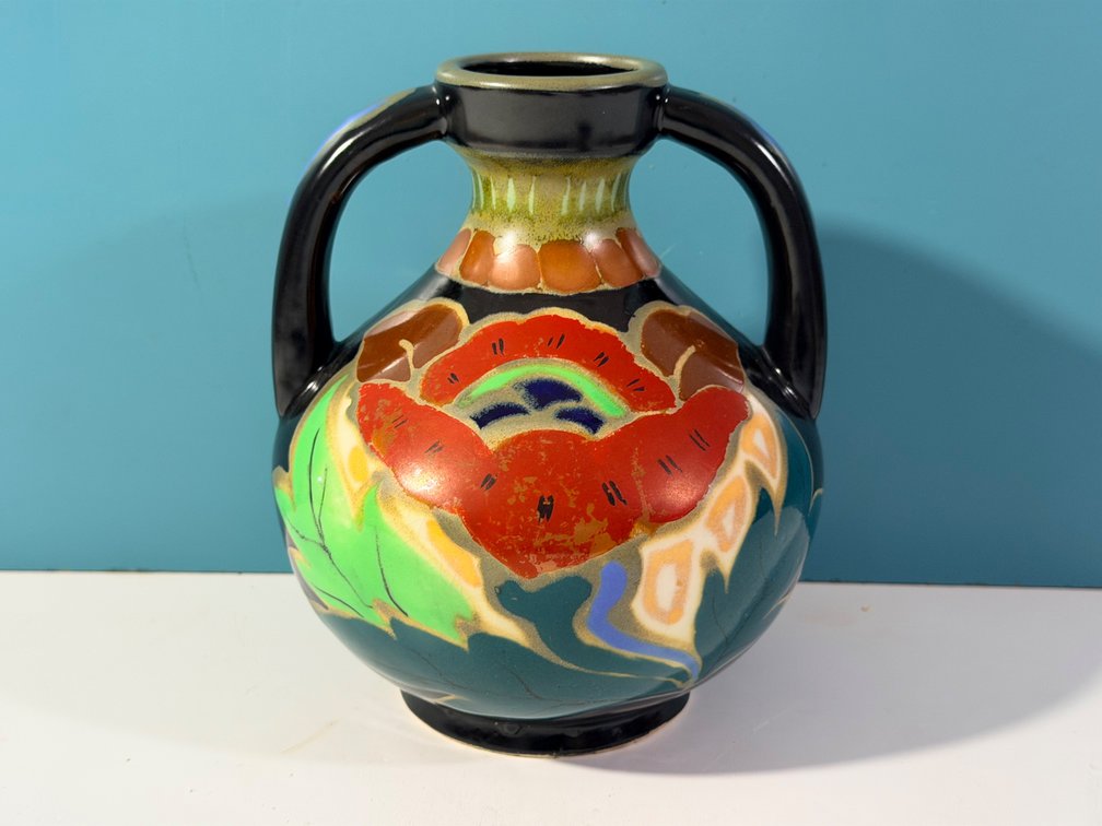 Decorative Double-Handle Art Pottery Vase with Floral Motif
