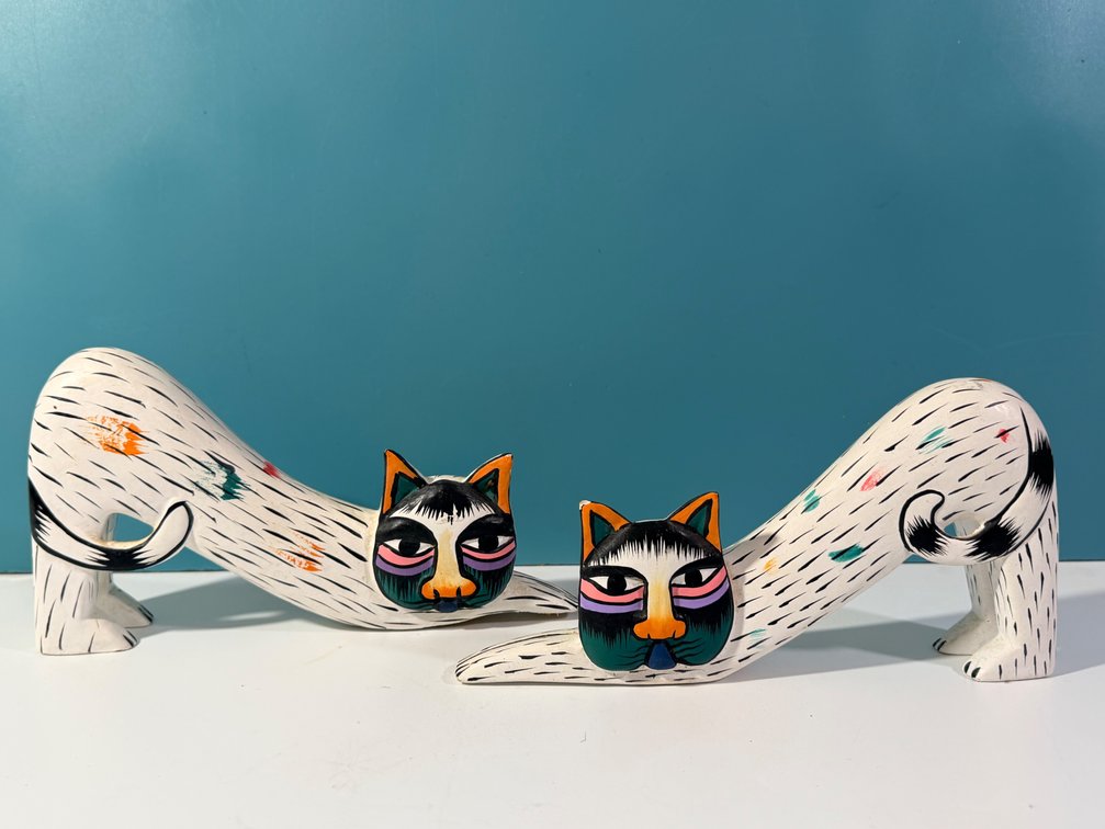 (X's 2) Hand Painted Wooden Folk Art Stretching Cat Sculptures