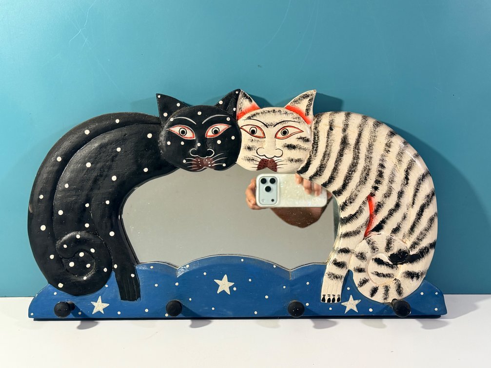 Decorative Cat Wall Mirror with Coat Hooks