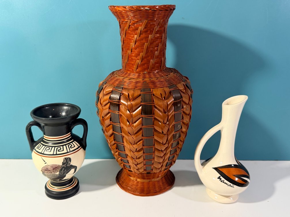 Decorative Vase Collection Including Woven Basket Vase, Greek Style Vase, and Hawaii Souvenir Vase