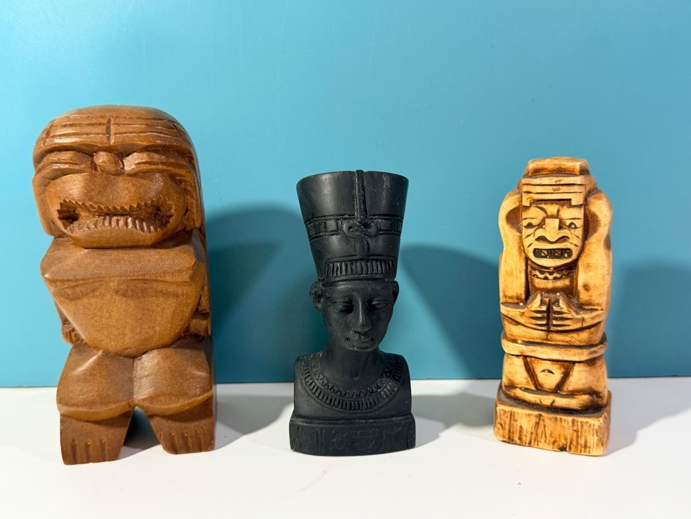 Assorted Carved Decorative Figures Including Polynesian Style Tiki and Egyptian Bust