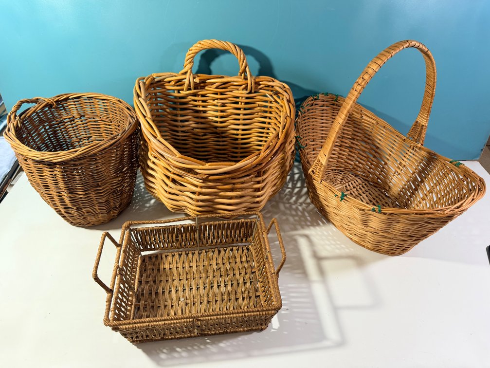 Collection of Wicker Baskets Including Handled Carry Baskets