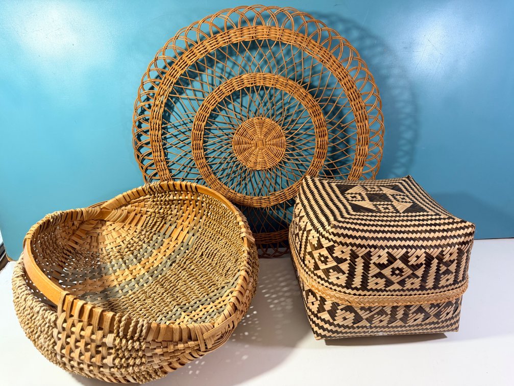 Decorative Woven Basket Collection Including Lidded Box & Wall Basket