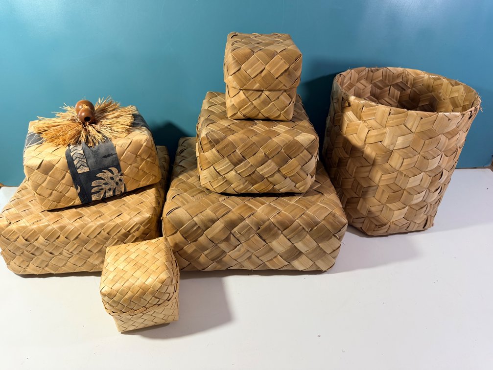 Collection of Handwoven Palm Leaf Style Storage Boxes and Basket
