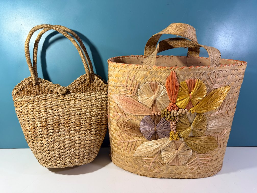 Woven Straw Handbags with Decorative Floral Basket