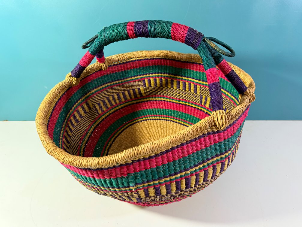 Colorful Handwoven Market Basket with Wrapped Handle