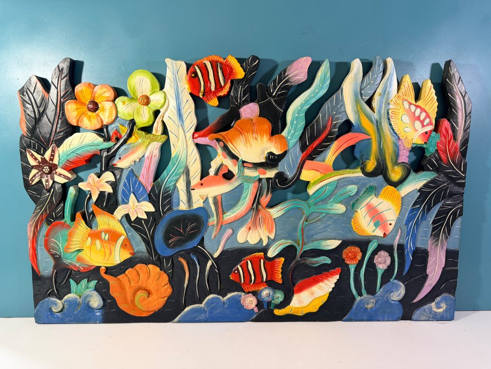 Colorful Carved Wood Tropical Fish Wall Art Panel