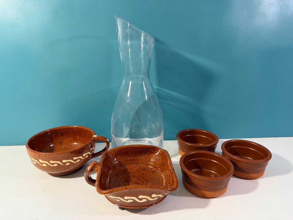 Glass Carafe with Rustic Pottery Bowls & Ramekins