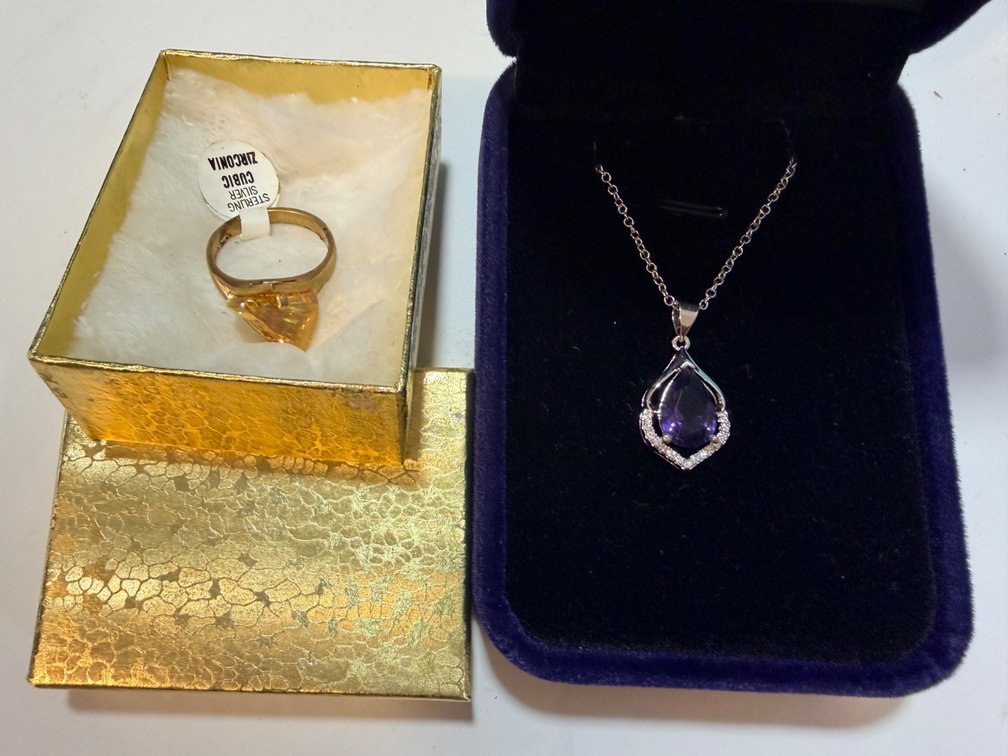 Simulated Citrine Ring and Simulated Amethyst Pendant Necklace with Sterling Chains