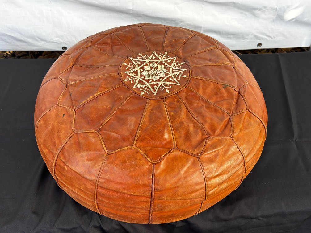 Embroidered Moroccan Leather Pouffe 