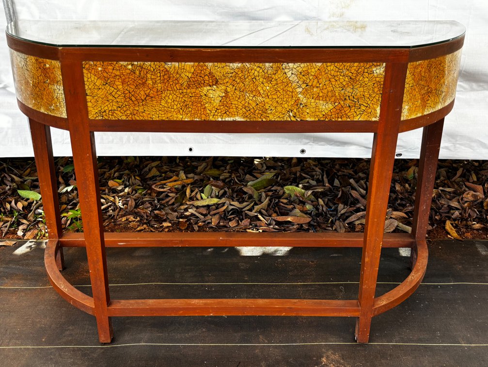  Cracked Yellow Mosaic Console Table w/ Glass Top