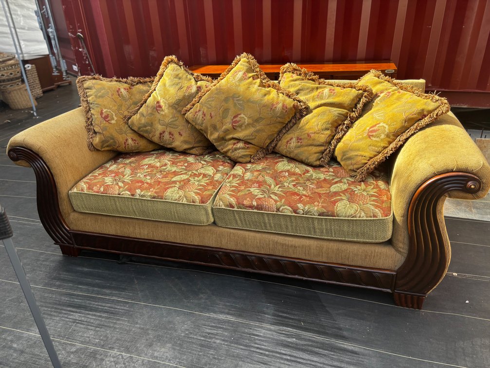 Curved Wood Scroll Arm Sofa with Throw Pillows