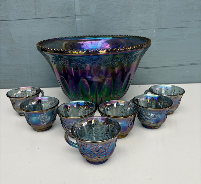 Iridescent Carnival Glass Punch Bowl Set