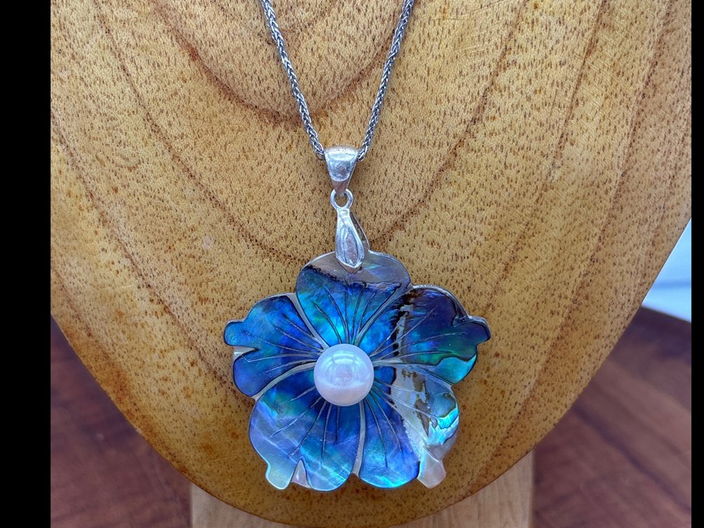 Carved Shell Flower Pendant w/ Sterling Silver Chain