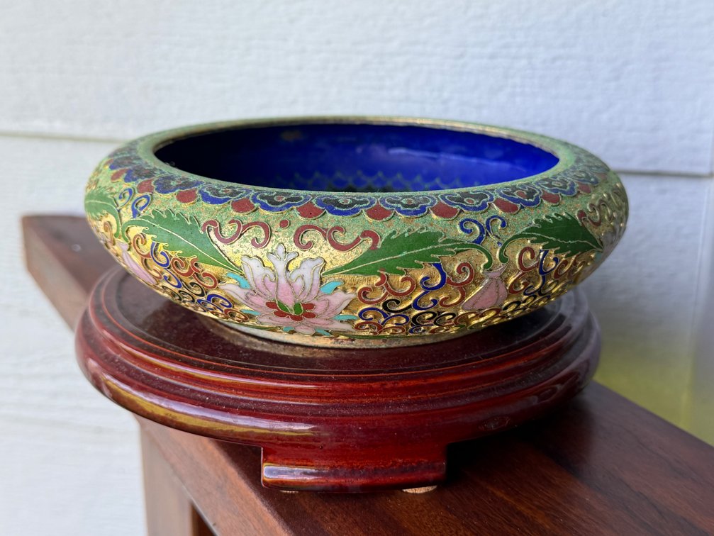 Cloisonné Enamel Bowl on Wooden Stand