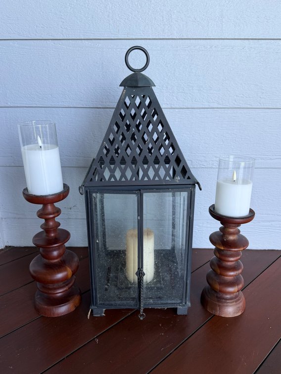 Metal Lantern with Turned Wood Candlesticks