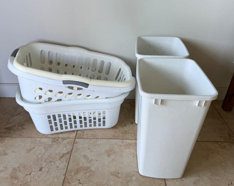 Assorted Plastic Storage Bins and Laundry Basket