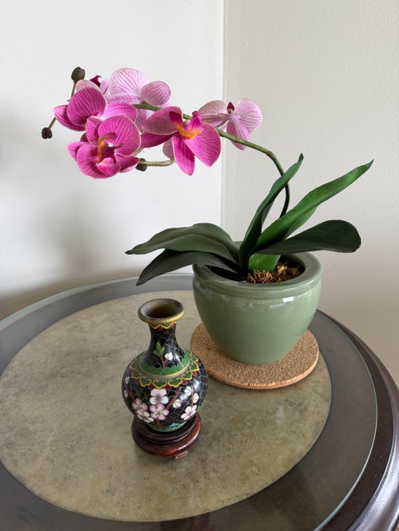 Decorative Cloissone Vase (with stand) and Artificial Orchid