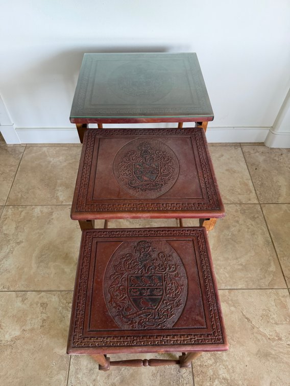 Leather Top Wooden Nesting Tables Deus Fortitudo Mea Et Salus