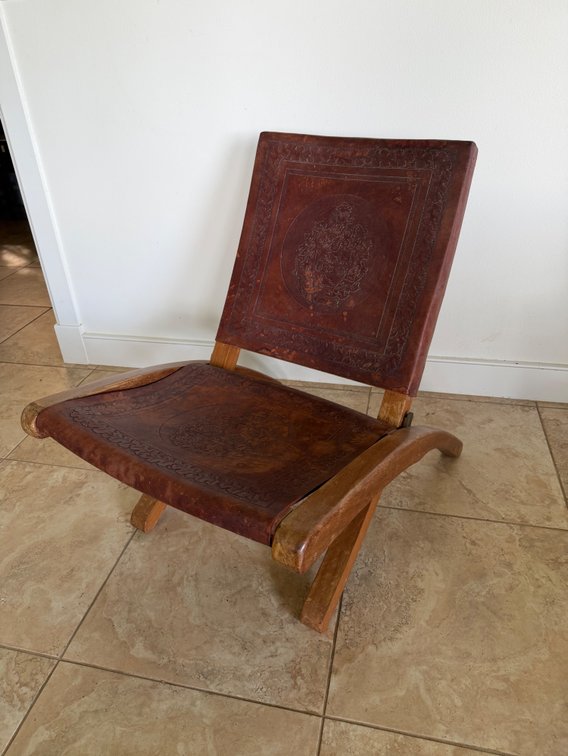 Low Leather & Wood Sling Chair
