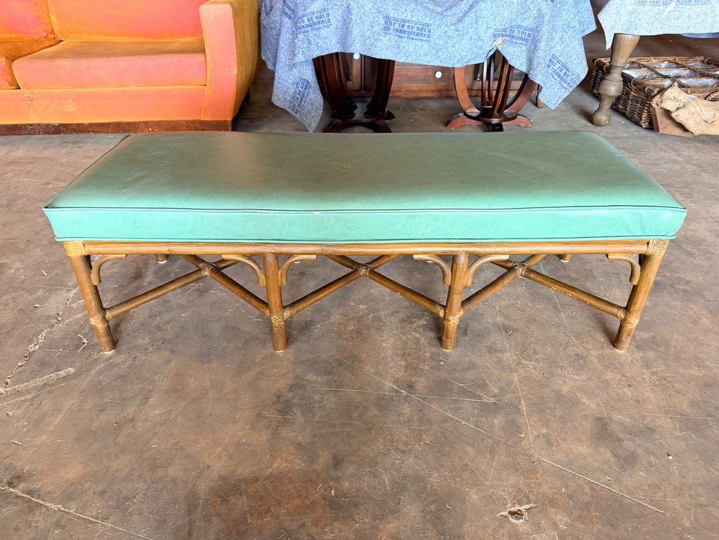 Wicker Bench with Green Cushion