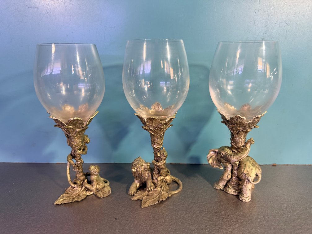 (X's 3) Signed Heavy Metal Base Decorative Animal Stem Goblet Set