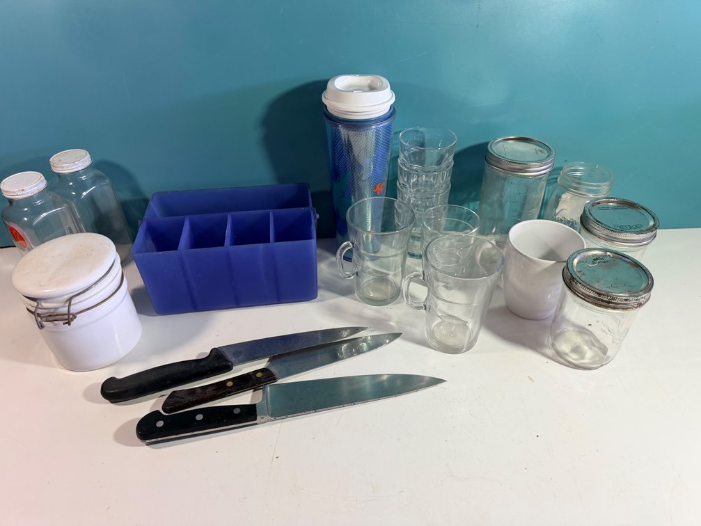 Assorted Glassware and Kitchen Storage Lot