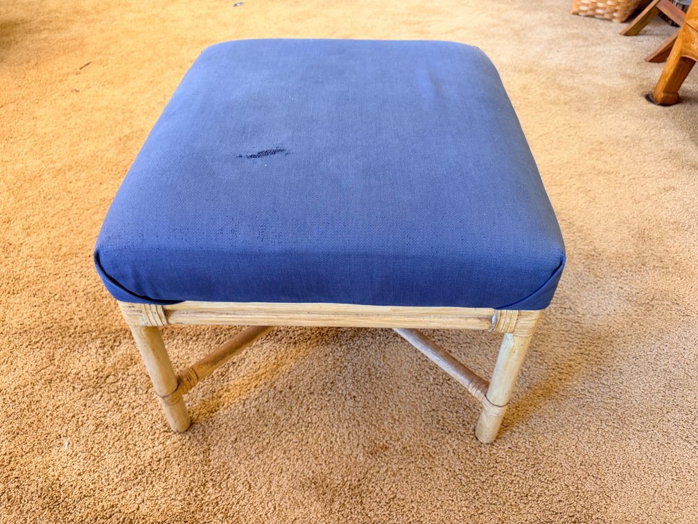 Rattan Ottoman with Blue Cushion
