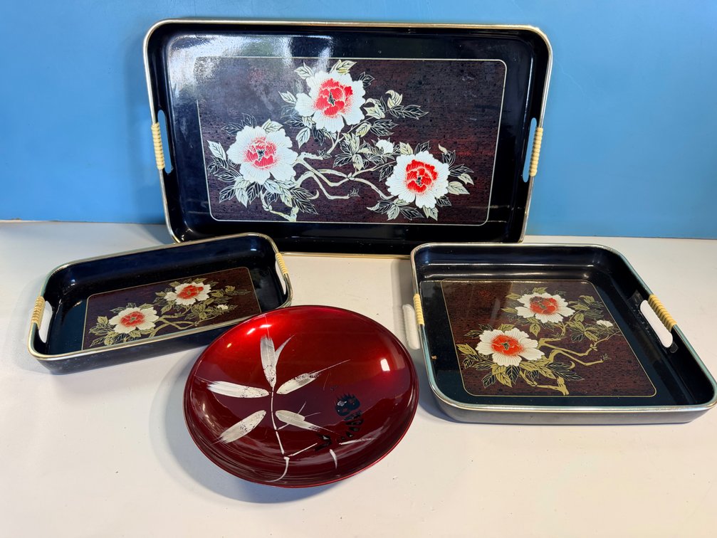 Assorted Decorative Serving Trays and Lacquer Plate