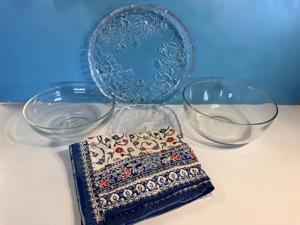 Assorted Glass Serving Bowls, Platters & Table Linens