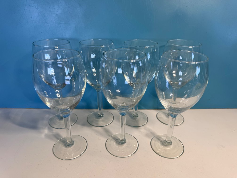 Set of Seven Large Stemmed Wine Glasses