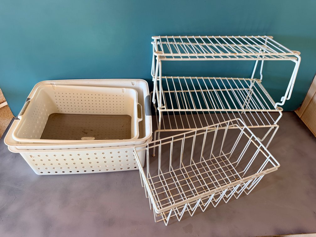 Assorted Storage Bins & Wire Organizer Shelves