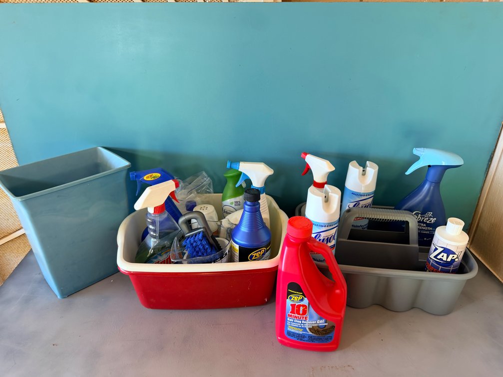 Assorted Cleaning Supplies & Storage Totes