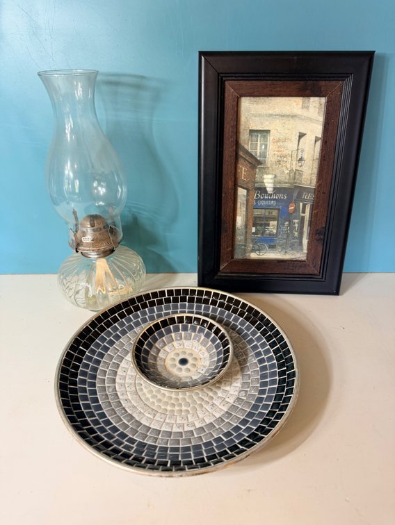 Mosaic Serving Bowl Set, Hurricane Lamp & Framed Print