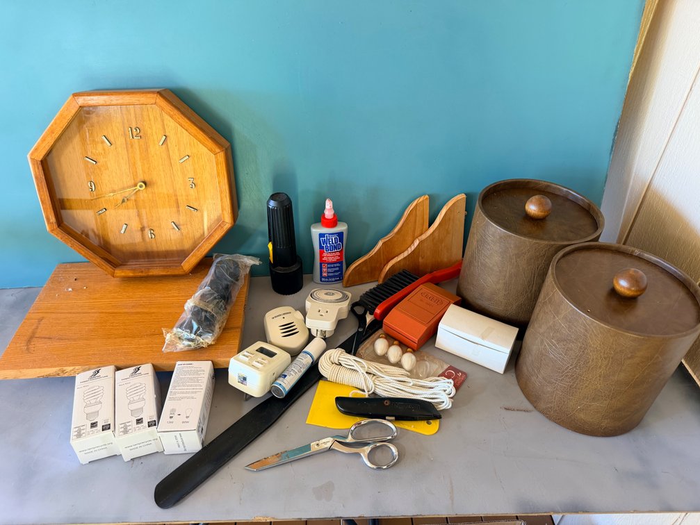 Assorted Household Items & Wood Wall Clock