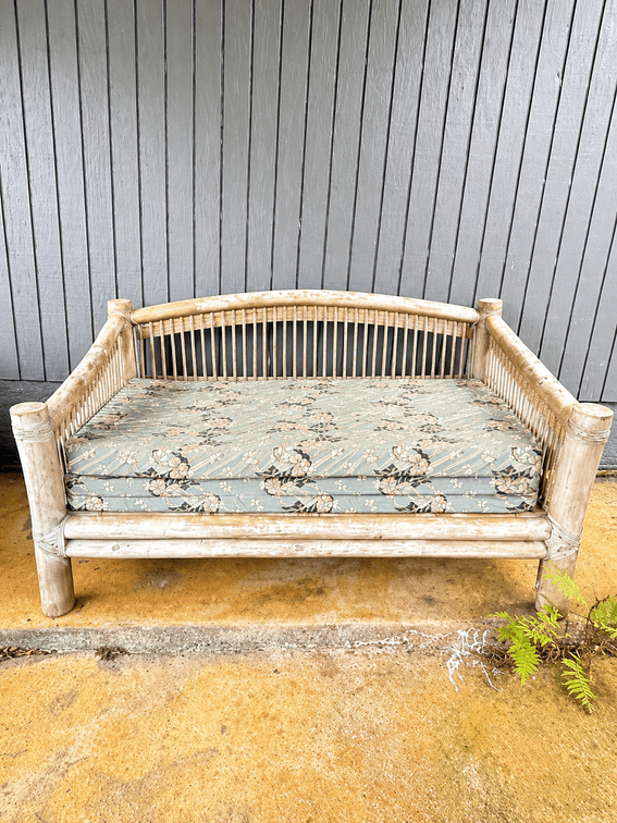 Rustic bamboo bench on patio