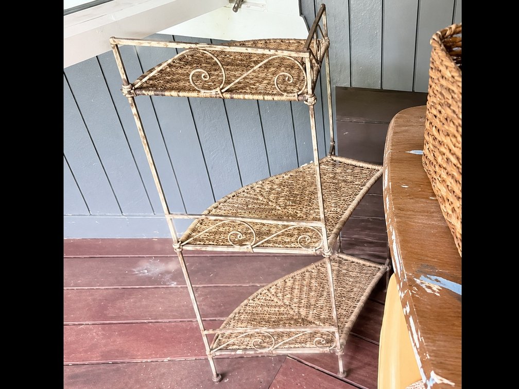 Decorative 3-Tier Metal & Woven Corner Shelf Stand