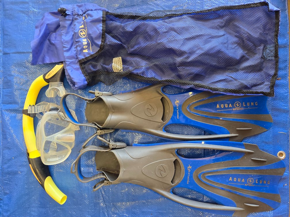 Aqua Lung Fins, Snorkel, and Bag