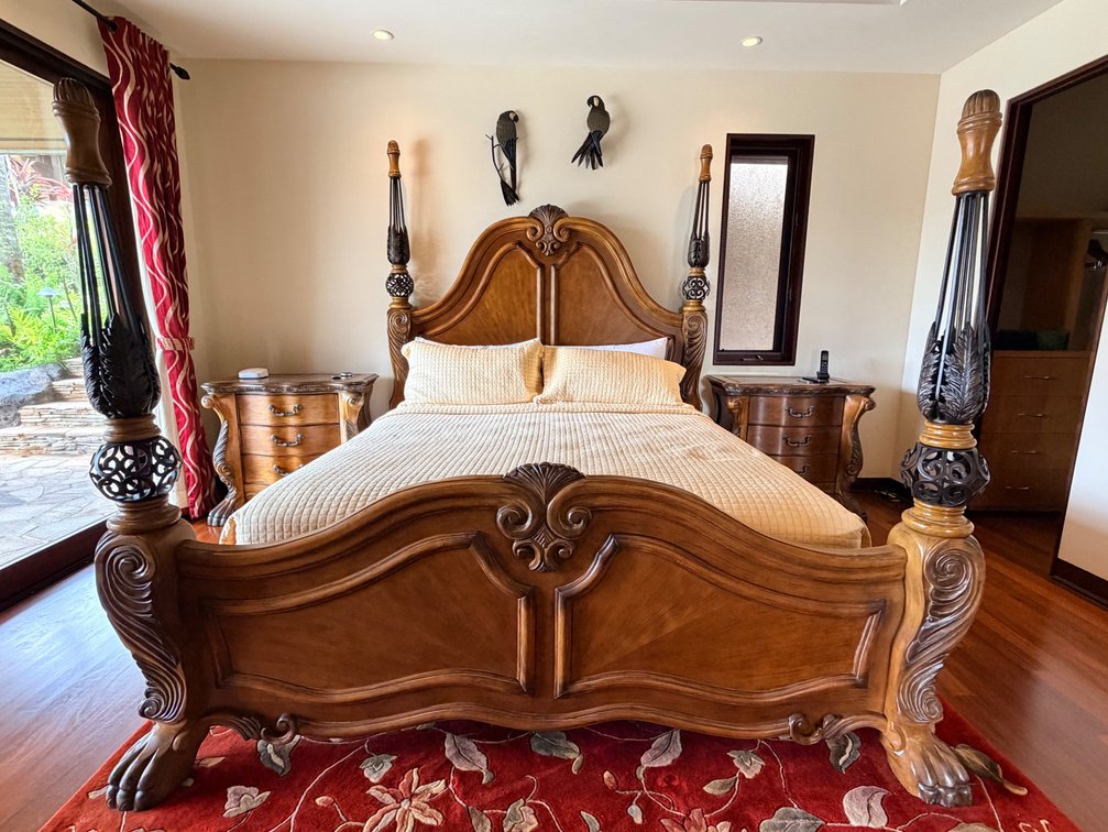 Ornately Carved Claw Foot Four Poster King Bed with Mattress and Linens